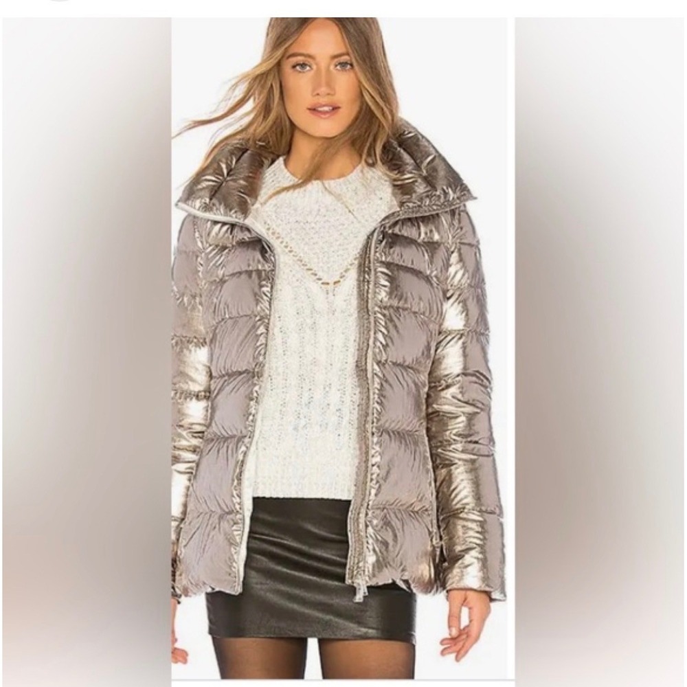 ADD Chrome Silver Goose Down Metallic Hooded Jacekt Puffer S Italian Luxury Y2K